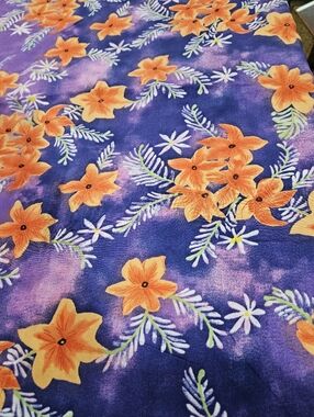 Vintage Purple Silky Print Floral Fabric with Orange Blooms - Sold By The Yard